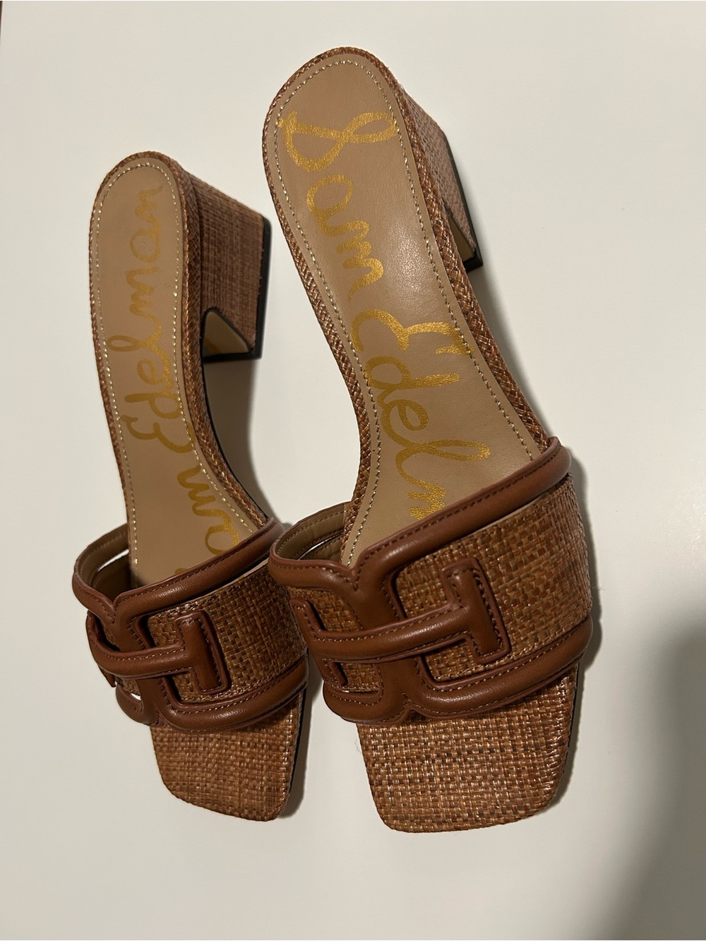 Sam Edelman Brown Woven Leather Block Heel Mules - Waylon